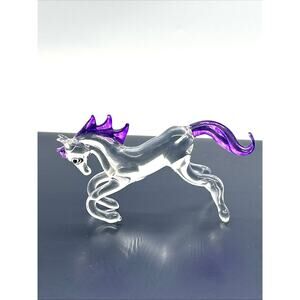 Hand Blown Kneeling Glass Horse Figurine Murano Style Equestrian Purple Mane